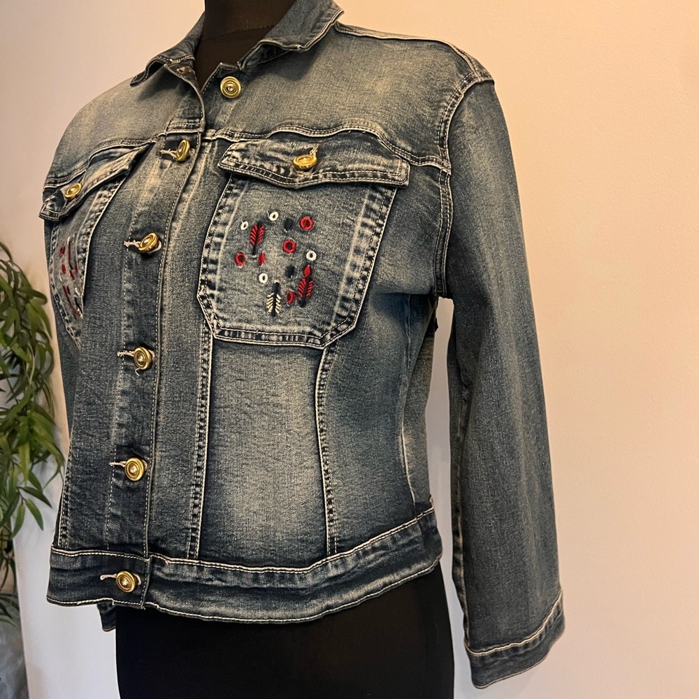 NWT Embroidered Denim Jacket with Gold Buttons